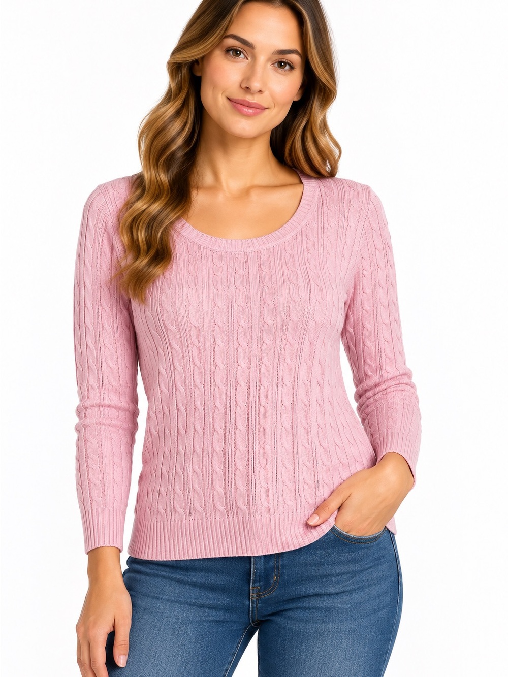 Kim Rogers Petite Pink Cable Knit Crewneck Sweater Size PS 100% Cotton